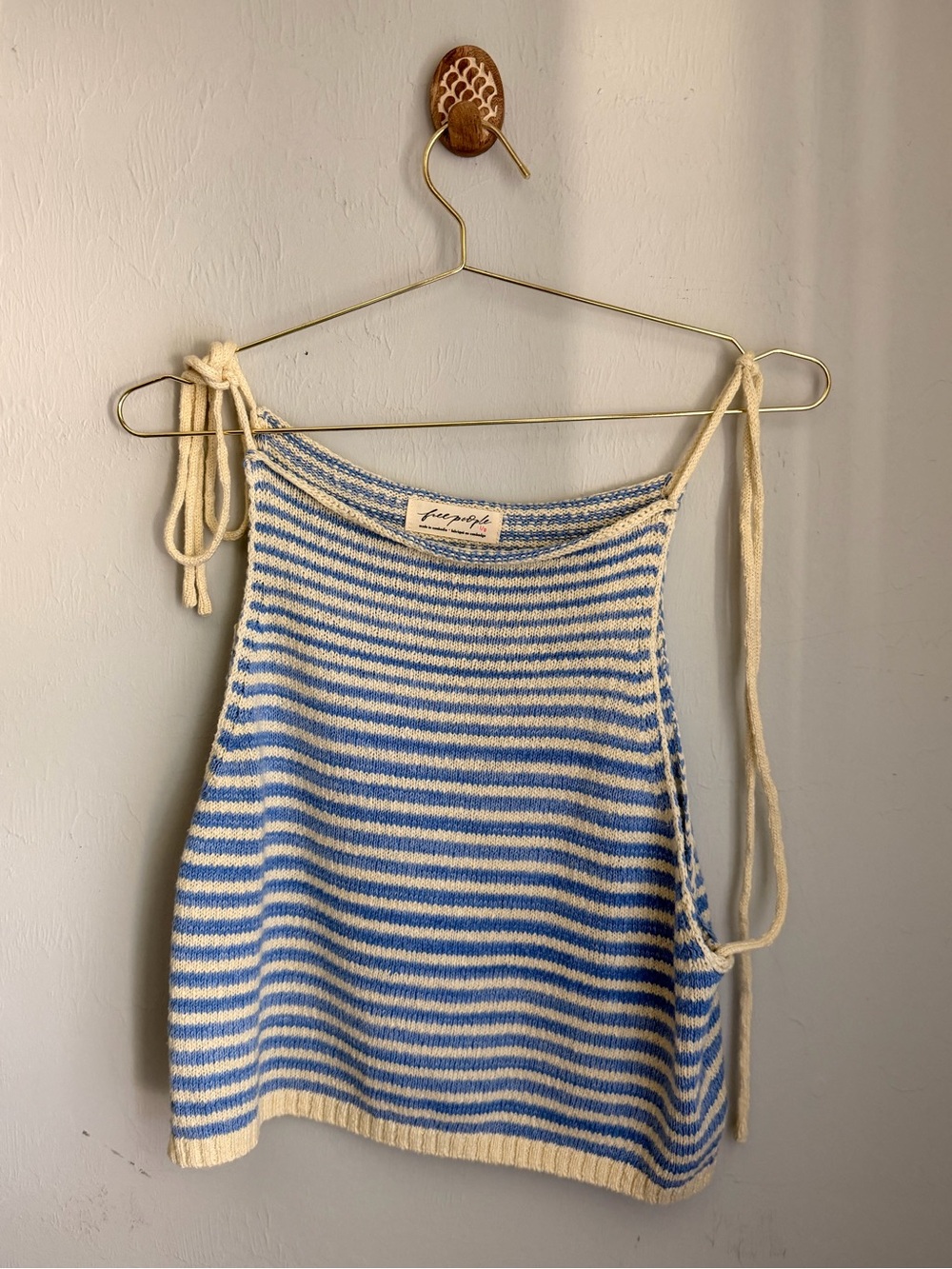 Free People Blue & Cream Striped Tie-Shoulder Knit Tank
